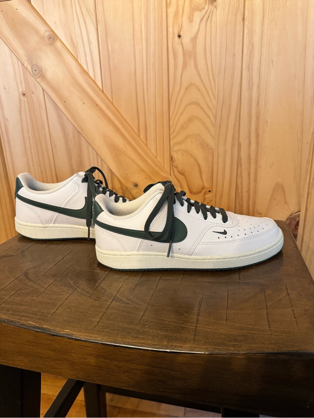 Nike White Sneakers with Dark Green Swoosh and Dark Green  Laces